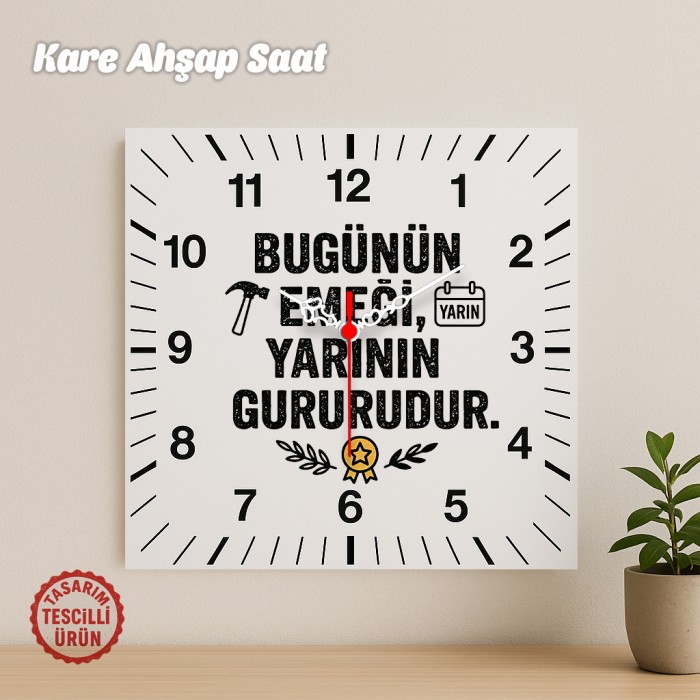 Bugünün Emeği Yarının Gururudur Kare Ahşap Saat