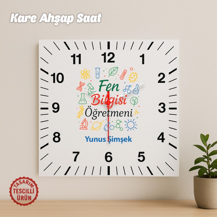 Fen Bilgisi Öğretmeni İsimli Kare Ahşap Saat