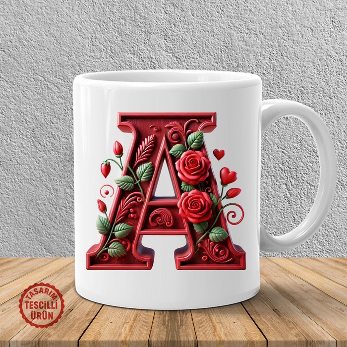 "A" Kırmızı Güllü Harf Kupa Bardak