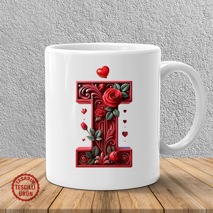 "İ" Kırmızı Güllü Harf Kupa Bardak