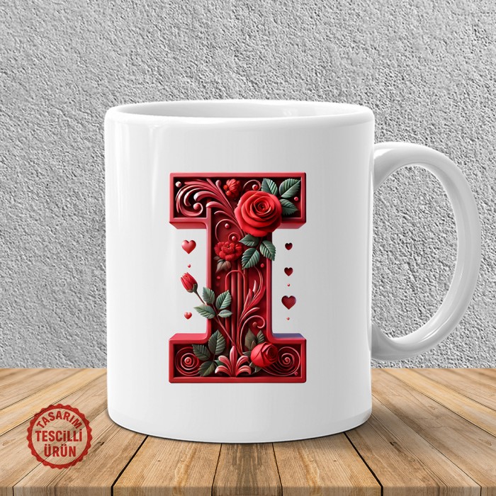 "I" Kırmızı Güllü Harf Kupa Bardak