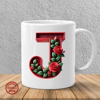 "J" Kırmızı Güllü Harf Kupa Bardak