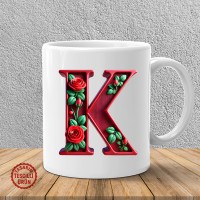 "K" Kırmızı Güllü Harf Kupa Bardak