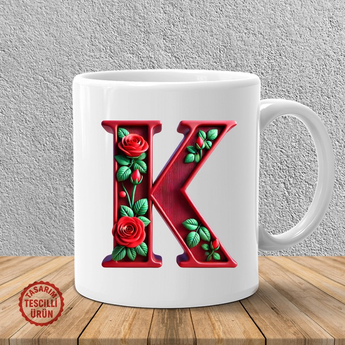 "K" Kırmızı Güllü Harf Kupa Bardak