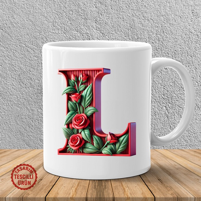 "L" Kırmızı Güllü Harf Kupa Bardak