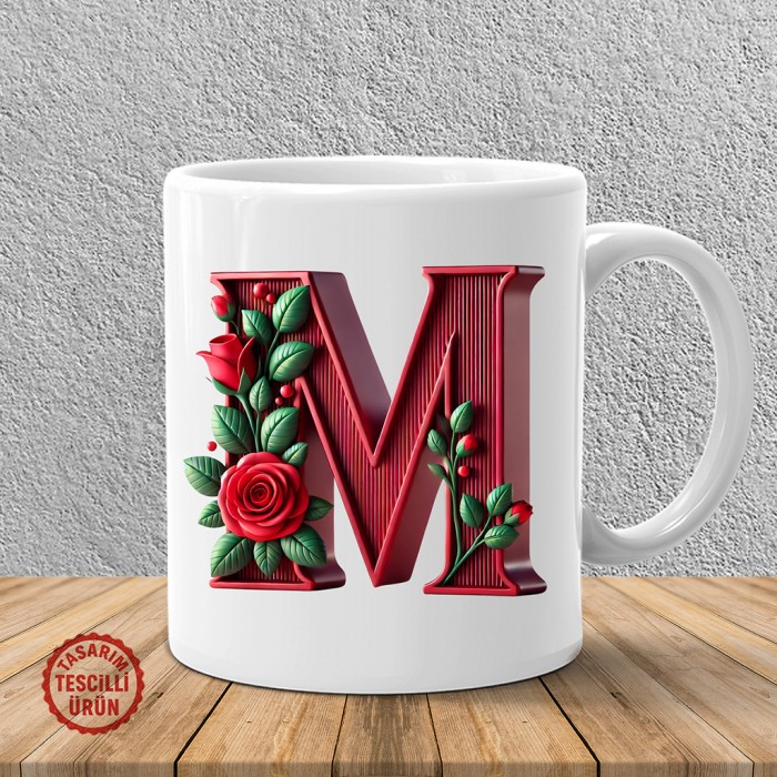 "M" Kırmızı Güllü Harf Kupa Bardak