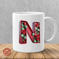 "N" Kırmızı Güllü Harf Kupa Bardak