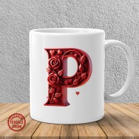 "P" Kırmızı Güllü Harf Kupa Bardak