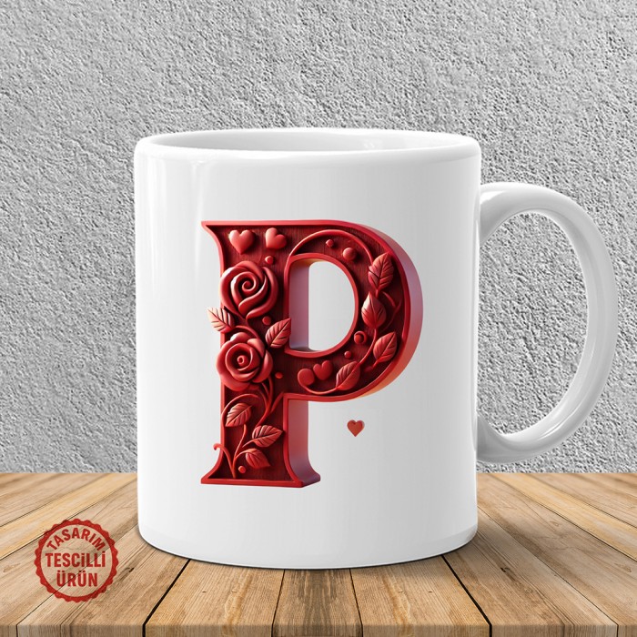 "P" Kırmızı Güllü Harf Kupa Bardak