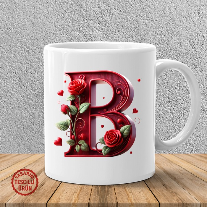 "B" Kırmızı Güllü Harf Kupa Bardak