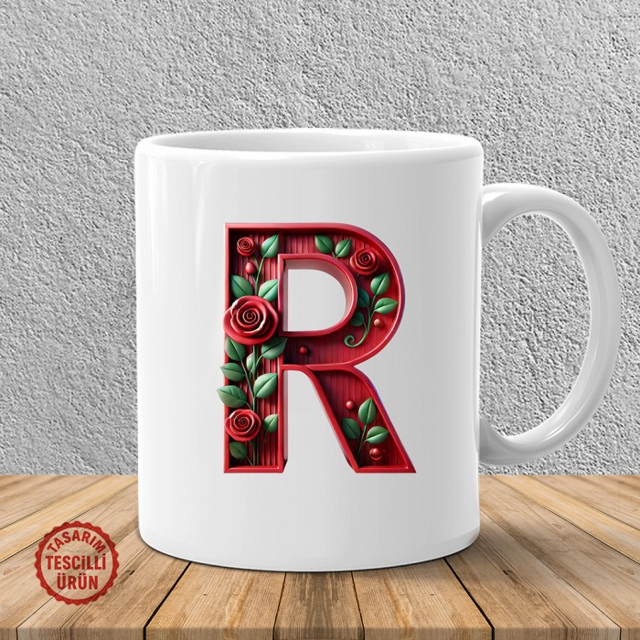 "R" Kırmızı Güllü Harf Kupa Bardak