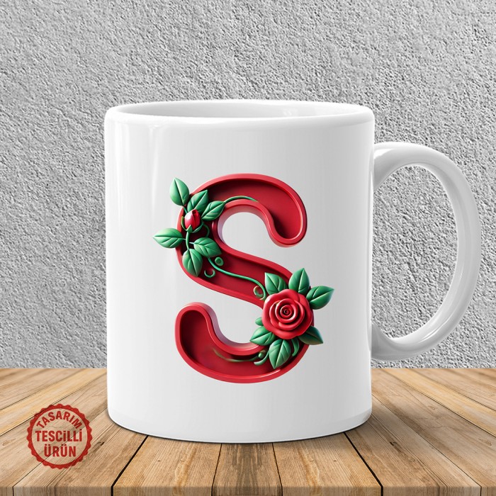"S" Kırmızı Güllü Harf Kupa Bardak