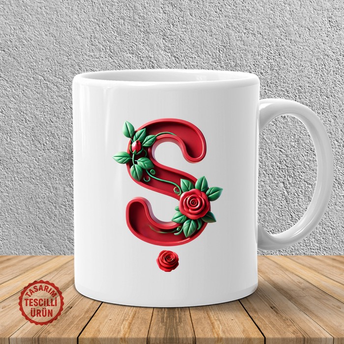 "Ş" Kırmızı Güllü Harf Kupa Bardak