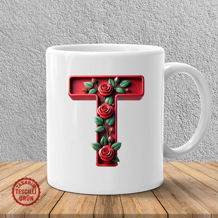 "T" Kırmızı Güllü Harf Kupa Bardak