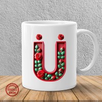 "Ü" Kırmızı Güllü Harf Kupa Bardak