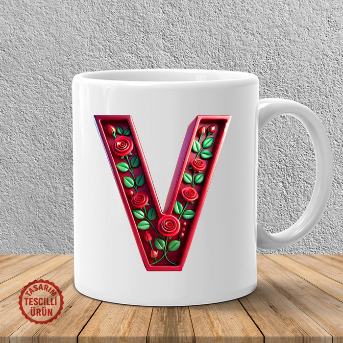 "V" Kırmızı Güllü Harf Kupa Bardak