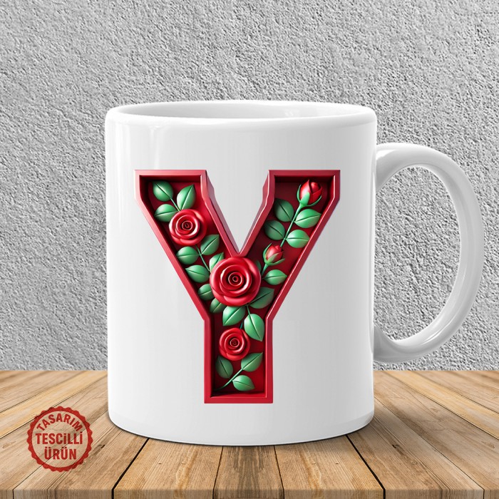 "Y" Kırmızı Güllü Harf Kupa Bardak