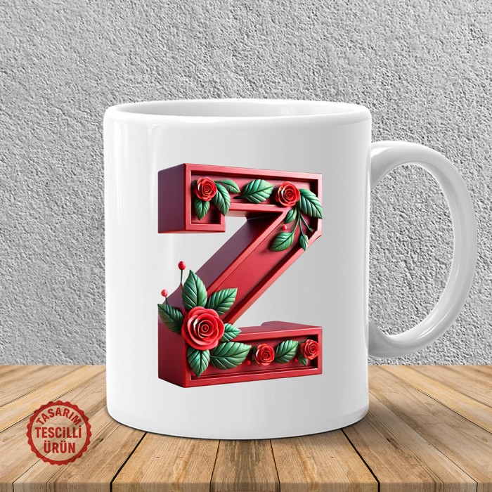 "Z" Kırmızı Güllü Harf Kupa Bardak
