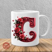"C" Kırmızı Güllü Harf Kupa Bardak