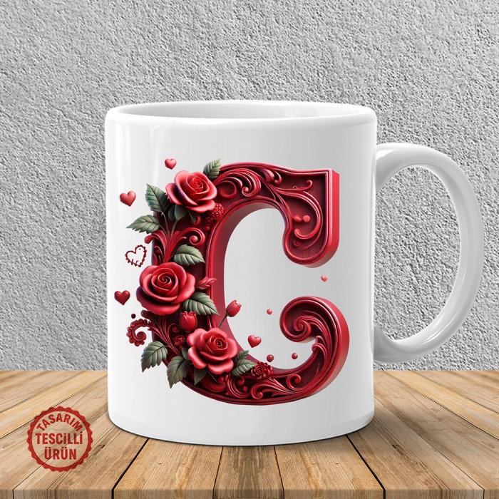 "C" Kırmızı Güllü Harf Kupa Bardak