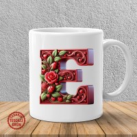 "E" Kırmızı Güllü Harf Kupa Bardak