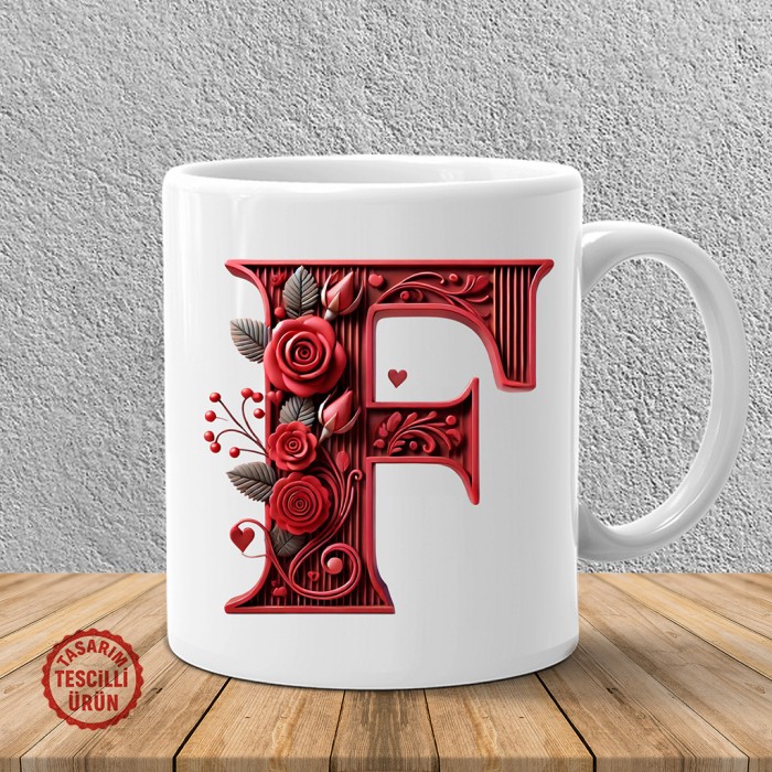 "F" Kırmızı Güllü Harf Kupa Bardak