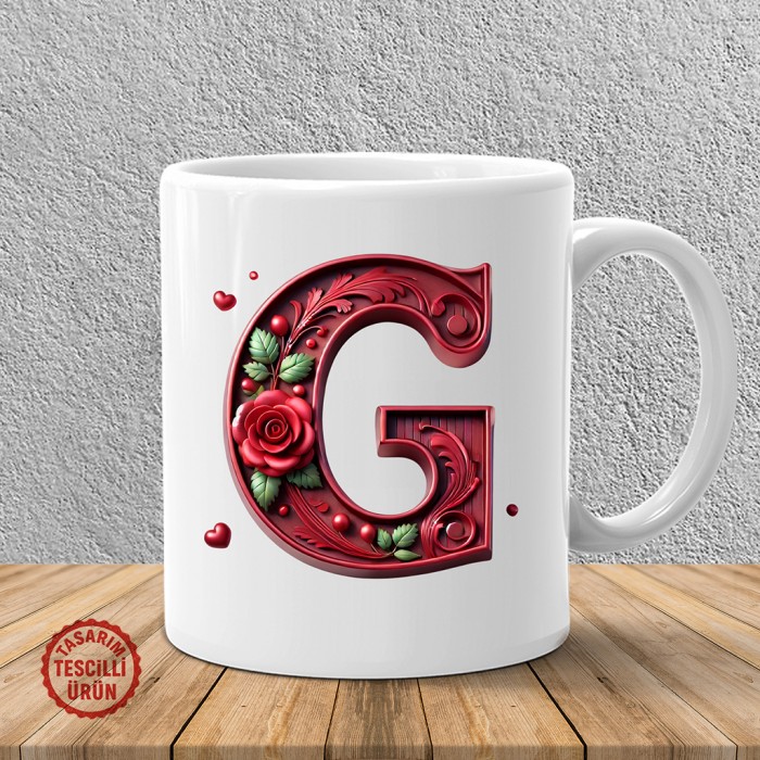 "G" Kırmızı Güllü Harf Kupa Bardak