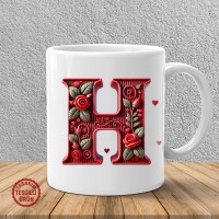 "H" Kırmızı Güllü Harf Kupa Bardak