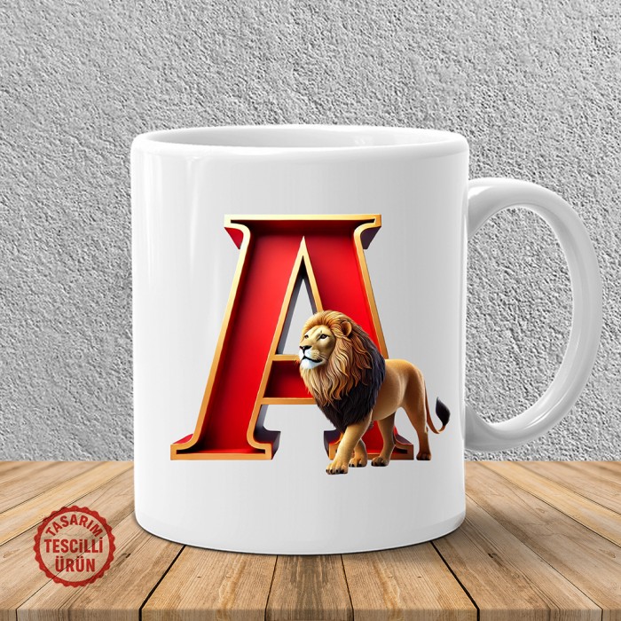 "A" Sarı Kırmızı Aslan Harf Kupa Bardak