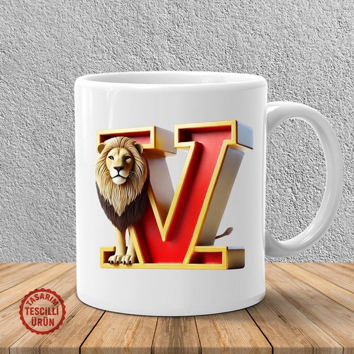 "V" Sarı Kırmızı Aslan Harf Kupa Bardak