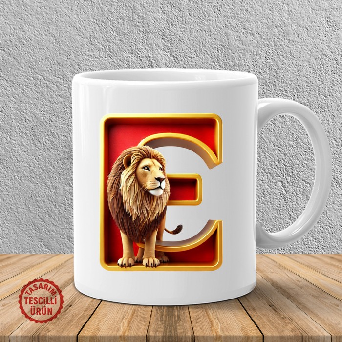 "E" Sarı Kırmızı Aslan Harf Kupa Bardak