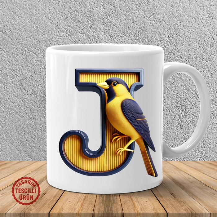 "J" Sarı Lacivert Kanarya Harf Kupa Bardak