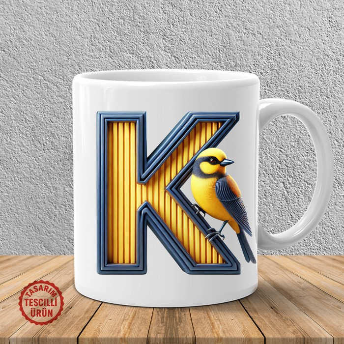 "K" Sarı Lacivert Kanarya Harf Kupa Bardak
