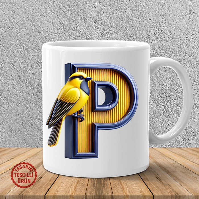"P" Sarı Lacivert Kanarya Harf Kupa Bardak