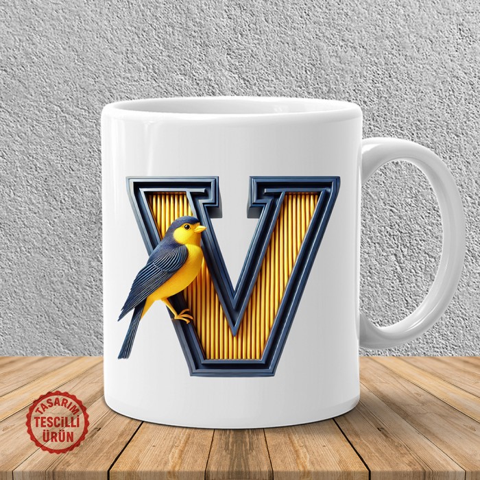 "V" Sarı Lacivert Kanarya Harf Kupa Bardak
