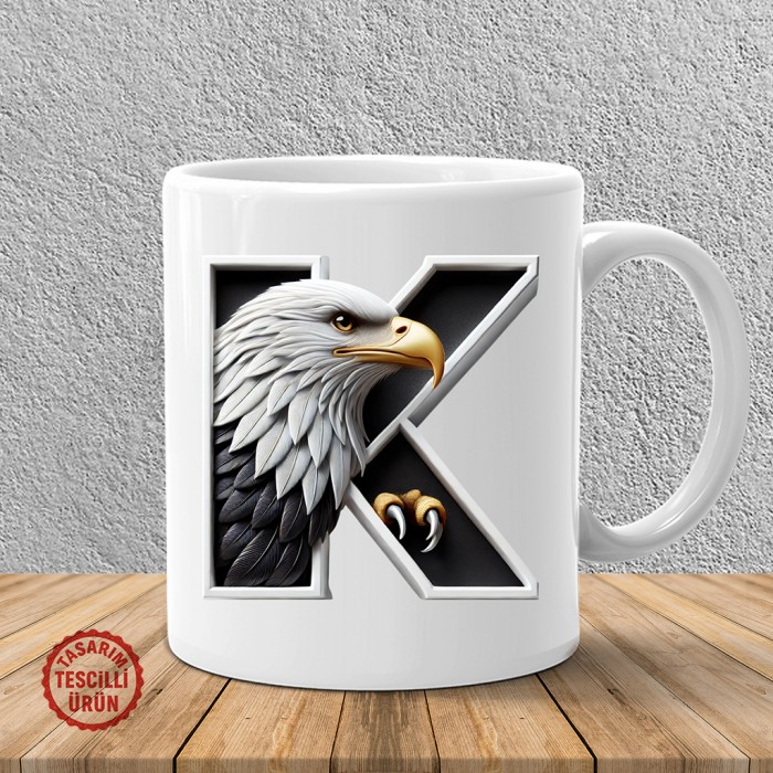 "K" Siyah Beyaz Kartal Harf Kupa Bardak