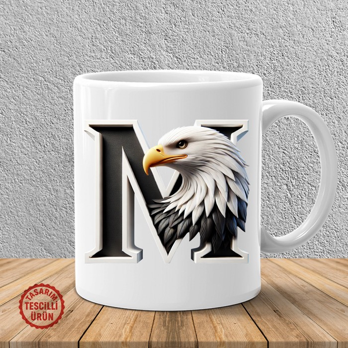 "M" Siyah Beyaz Kartal Harf Kupa Bardak