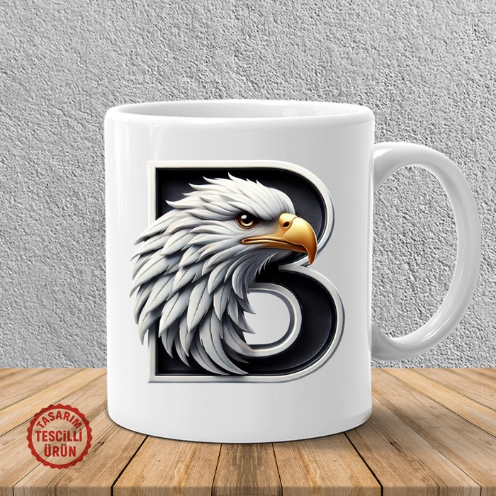 "B" Siyah Beyaz Kartal Harf Kupa Bardak