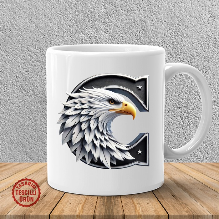 "C" Siyah Beyaz Kartal Harf Kupa Bardak