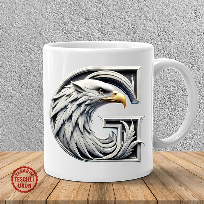 "G" Siyah Beyaz Kartal Harf Kupa Bardak