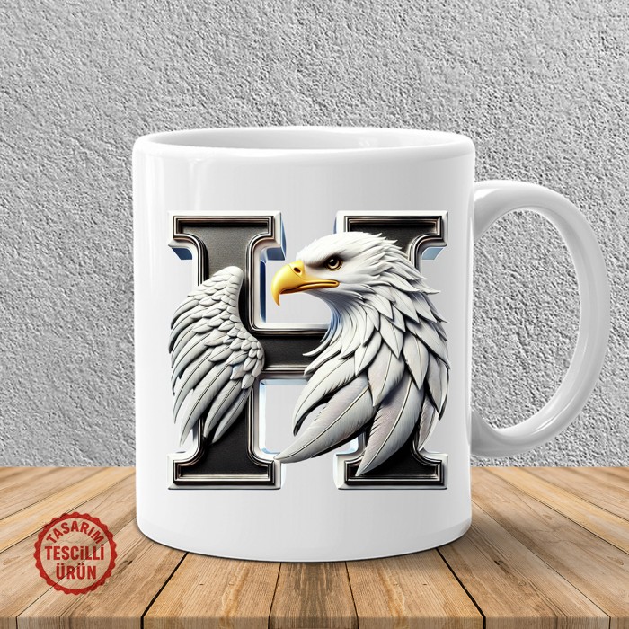 "H" Siyah Beyaz Kartal Harf Kupa Bardak