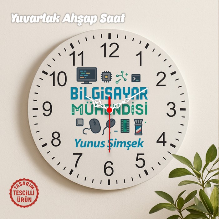 Bilgisayar Mühendisi İsimli Yuvarlak Ahşap Saat