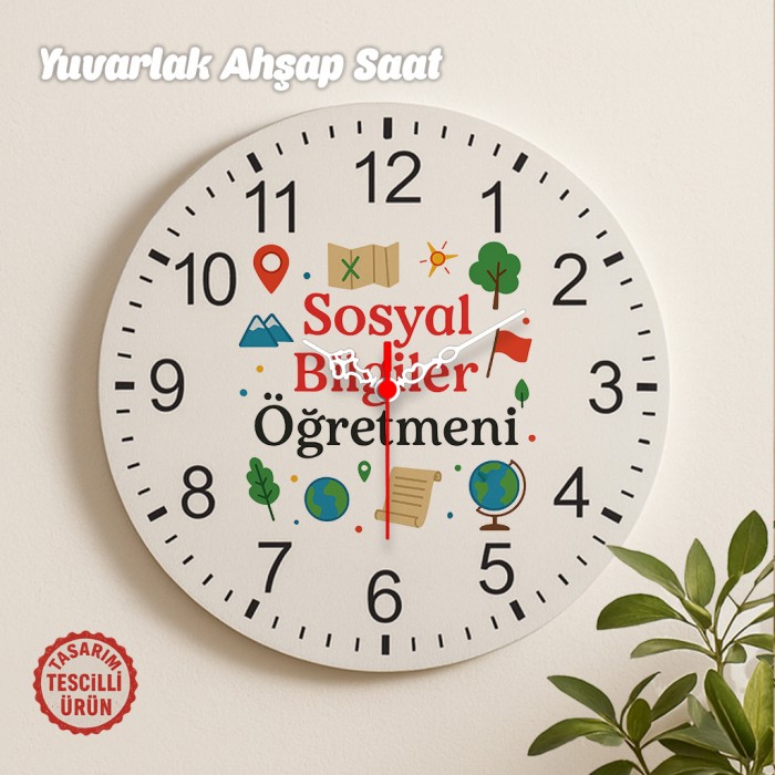 Sosyal Bilgiler Öğretmeni İsimli Yuvarlak Ahşap Saat
