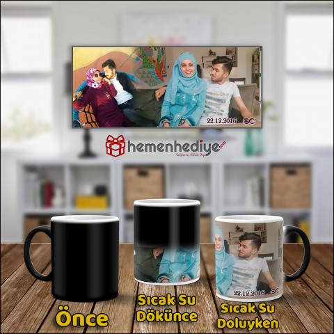 İki Fotoğraflı ve Tarihli Çiftlere Özel Sihirli Kupa Bardak