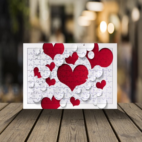 Beyaz Baloncuklar İçerisinde Kırmızı Kalpli 99 Parça A4 Puzzle